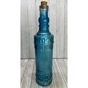 Vtg 12" Tall Blue Glass Bottle Raised Design Home Decorative Collectibles